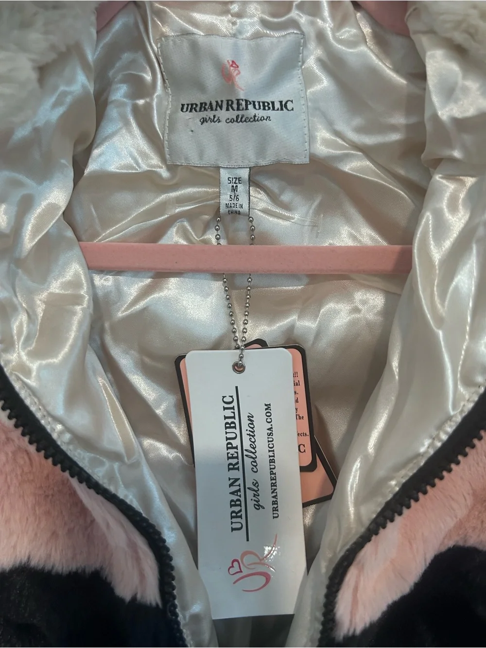 Urban Republic Girls Faux Fur Colorblock Jacket Cream, Pink & Black NWT Size 5/6